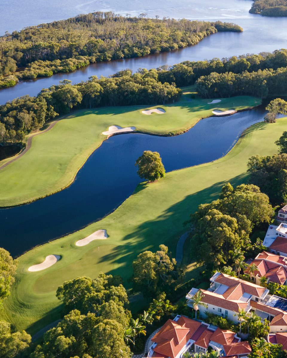 View of the Golf Course from the Sky with lakes and views of Noosa