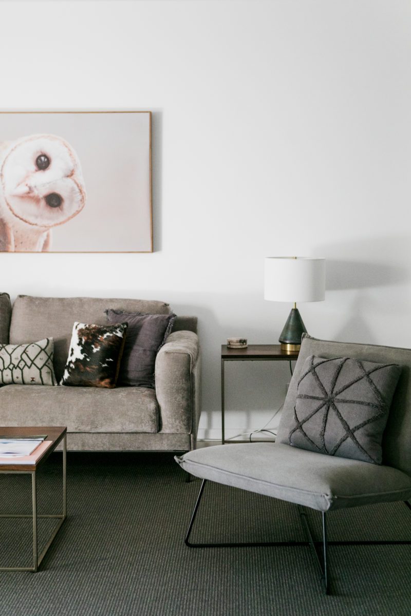 View of Living room chair, sofa and Art frame with Owl